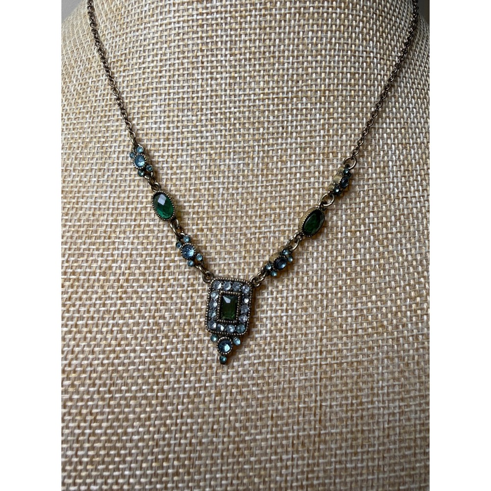 Avon Gold Emerald Green Blue Crystal Statement Necklace Victorian Revival Style